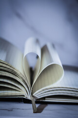 Open note book with two heart shaped pages isolated with copy space