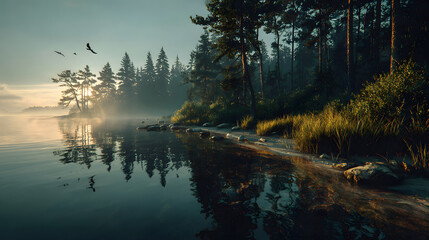 Obraz premium misty morning on lake