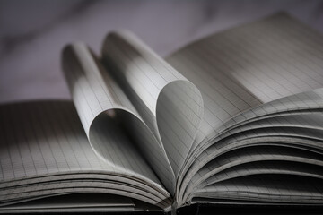 Open note book with two heart shaped pages isolated with copy space