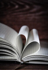 Open note book with two heart shaped pages isolated with copy space