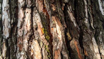Close-up of rough, textured pine tree bark with sunlight casting shadows and highlighting