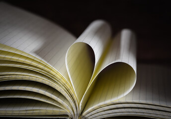 Open note book with two heart shaped pages isolated with copy space