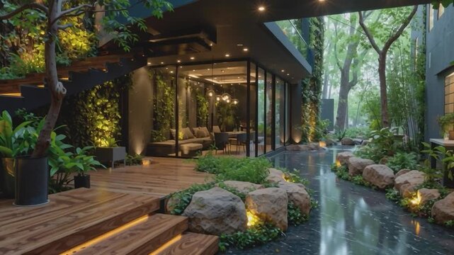 Harmony of Nature and Design: The architectural marvel showcases a seamless blend of natural beauty and modern design, with lush greenery enveloping a contemporary structure.
