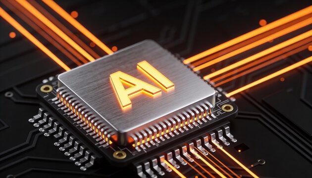 AI processor futuristic chip glowing technology animation showcasing advanced artificial intelligence hardware power data speed innovation digital circuit - Powered by Adobe