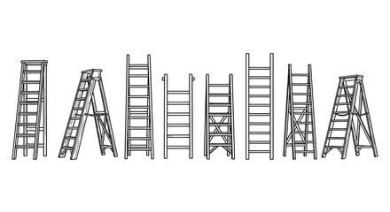 Various types of ladders arranged in a row © Nur