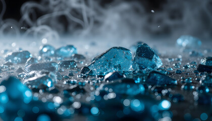 Crystals' cool essence: a mesmerizing close-up capturing a cluster of translucent, blue crystals, their multifaceted surfaces gleaming amidst an ethereal cloud of vapor.