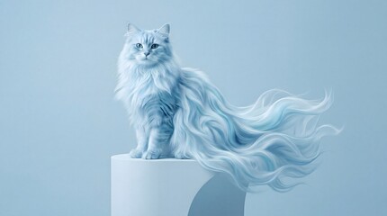 Surreal Long haired Cat with Flowing, Ethereal Fur Creating Abstract Waves in a Light Blue Setting
