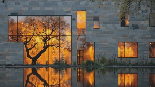 Reflection of Architecture: A stunning architectural facade features unique window designs. The tree's golden glow reflects on water, enhancing the serenity. A harmonious blend of design and nature.