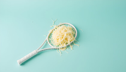 Tennis Racket Filled with Shredded Cheese: A creative and lighthearted image of a tennis racket cleverly filled with a pile of shredded cheese, showcasing a playful and unexpected juxtaposition.
