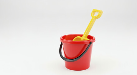A red plastic bucket with a black handle, and a yellow plastic shovel are set against a white backdrop