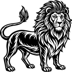 Obraz premium Illustration of a majestic lion. The lion, with a flowing mane, is depicted in a regal pose. This lion artwork captures the essence of the lion's strength. Vintage art drawing illustration vector.