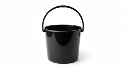 A shiny black bucket with a black handle sits against a white background. It has a rounded shape and a reflective surface