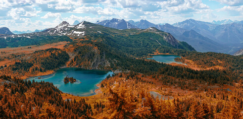 Sunshine Meadows lakes in Banff mountains during bright summer day with clear skies