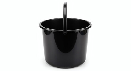 A shiny black bucket with a curved handle, isolated against a bright white background, ready for various uses