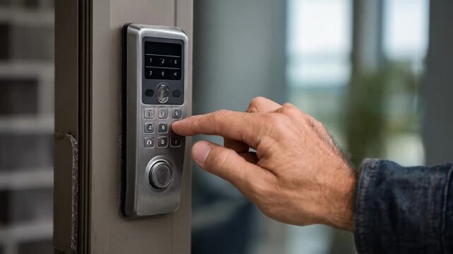 Technician installing a biometric digital access system with fingerprint scanner on a modern office door for enhanced security and convenience.