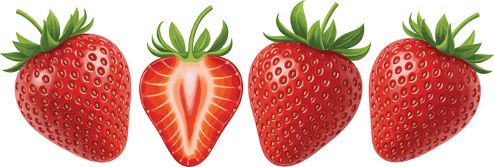 Fresh ripe strawberries illustration set with whole and sliced berry, detailed seeds, leaves, and realistic red texture © Rozina Creative