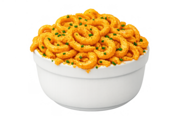 Cheesy pasta spirals in white bowl, a savory snack or comfort food for everyday enjoyment, transparent background