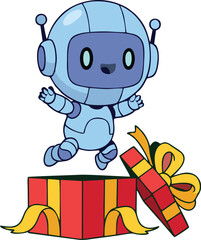 Obraz premium Cute Birthday Robot Jumping Out of Gift Box Flat Vector Illustration