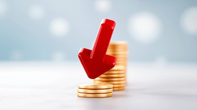 Red arrow pointing down towards stacks of gold coins against soft blue blurred background. Concept of financial crisis and inflation