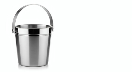 A shiny, cylindrical metal bucket with a sturdy handle against a clean white background, creating an isolated, minimalistic aesthetic