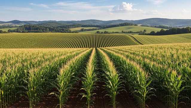 Lush green cornfield rows under sunny blue sky with distant hills and mountains, creating serene rural landscape with natural lighting - Powered by Adobe