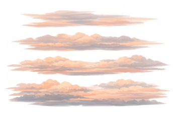 Realistic sunset sky clouds set with soft pink and orange hues on transparent background, atmospheric layering effect