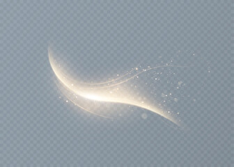 Golden glowing wavy light trail with sparkling particles and dust, creating an elegant, dynamic abstract element for modern backgrounds, overlays, festive and luxury design