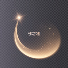 Golden glowing light trail in an elegant crescent, scattering sparkling particles with a bright star at the tip for a luxurious, festive overlay background effect