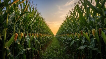 Lush green cornfield rows at sunset, agriculture background