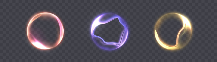Abstract, dynamically changing glowing rings of vibrant pink, purple, and yellow create futuristic energetic effects on a transparent background for design and illustration.