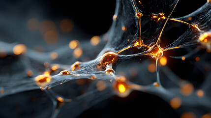 Abstract digital network with glowing nodes and lines on dark background. Ideal for themes of AI, big data, cybersecurity, communication, and futuristic technology.