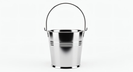 A shiny metal bucket with a sturdy handle against a plain white background, rendered in a 3D style