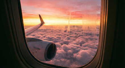 Beautiful sunset sky view from airplane window with wing and clouds during flight with rain drops on glass