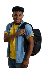 Smiling young African-American boy with backpack, ready for school.