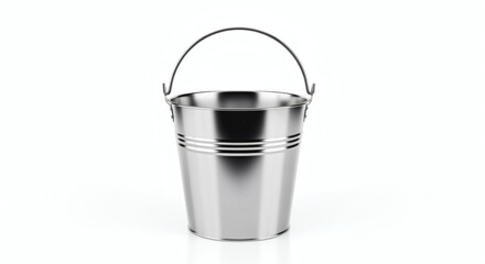 A shiny, metallic bucket with a curved handle. It has two horizontal bands around the middle, providing visual interest against a white background