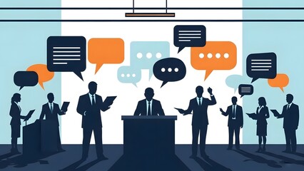 Silhouettes of people debating on a stage with speech bubbles floating above