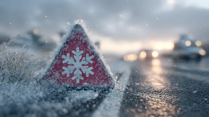 Triangular road sign with a snowflake symbol covered in snow, warning of icy and slippery roads, representing winter driving safety and hazardous weather conditions