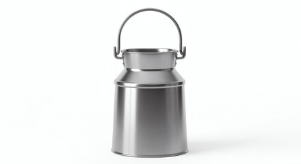 A shiny, metallic milk can with a handle, set against a clean white backdrop, highlighting its polished surface