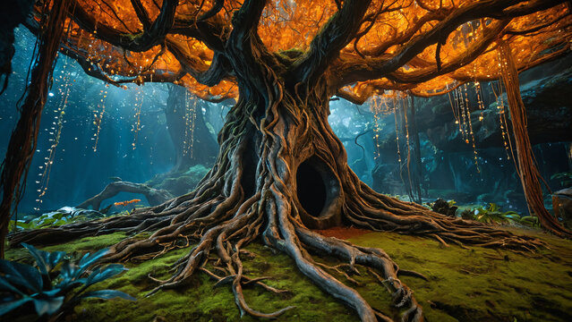 Magischer Lebensbaum im verwunschenen Wald mit goldenen Bl&auml;ttern und leuchtenden Ranken
