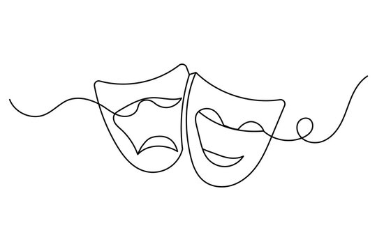 Comedy and tragedy theater masks continuous one line drawing