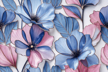 Stylized translucent flowers with gold wire edges. A top view showing the layered leaves, subtle vein texture, and iridescent finish on a white surface.