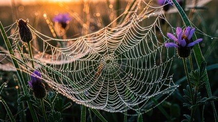 A glistening spiderweb, adorned with dewdrops, hangs amidst grass and purple flowers