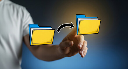 Person's finger touching a digital icon representing file transfer or data organization