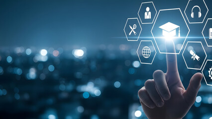 A futuristic hand interacting with a glowing digital interface in a cityscape at night