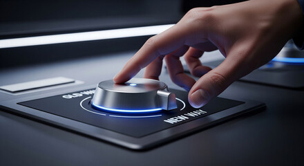 Person's hand adjusting a futuristic glowing control knob on a modern interface