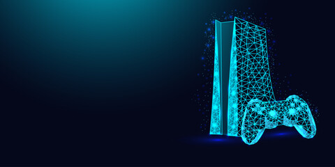 Low poly wireframe game console and controller on dark blue background.