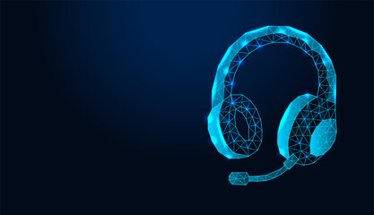 Low poly wireframe gaming headset with microphone on dark blue background.