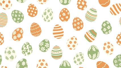 Festive seamless pattern background featuring numerous decorated Easter eggs with various floral and geometric designs in spring colors.