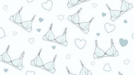 Subtle and feminine seamless pattern background featuring light blue bras and soft blue hearts on a light blue background.