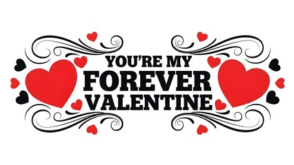 Valentines day typographic design with hearts and swirls on isolated white background